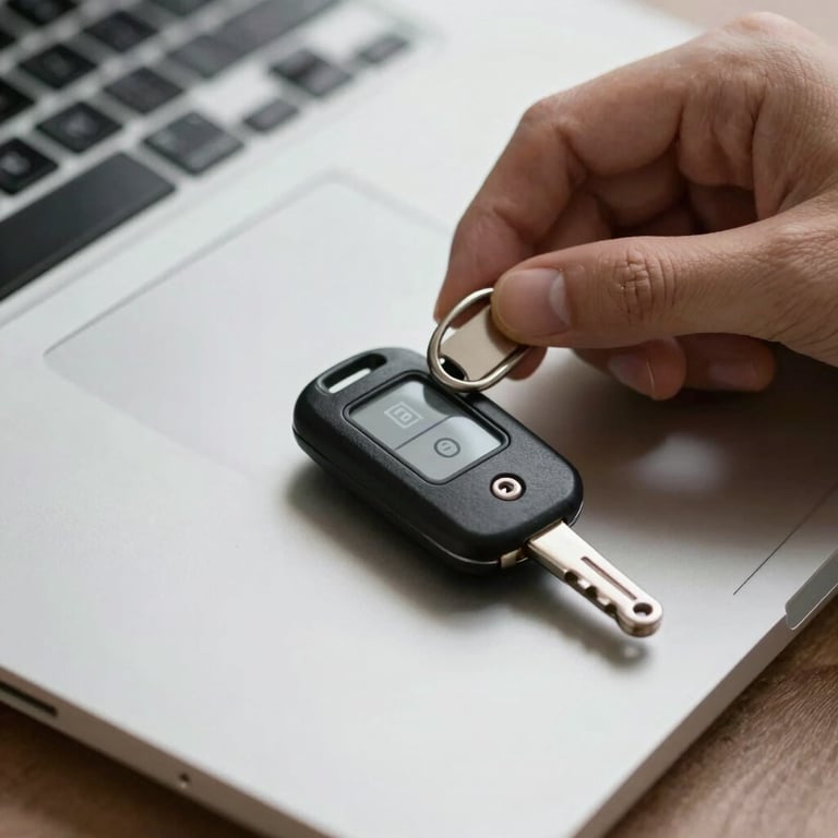A high-quality close-up of a hand using a digital security key on a laptop, emphasizing cybersecurity.