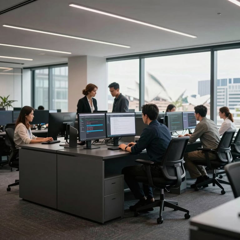 A modern Sydney office interior with sleek dark grey furniture and a group of professionals collaborating on a software project.