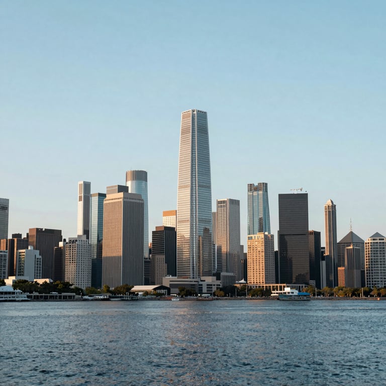 A wide shot of a modern city skyline in the Oceanic region with a clean, professional atmosphere.