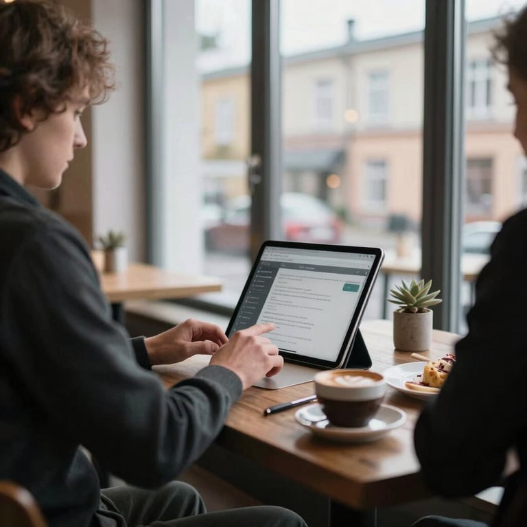 A cozy but modern Estonian cafe where a person is working securely on their tablet near a large window.