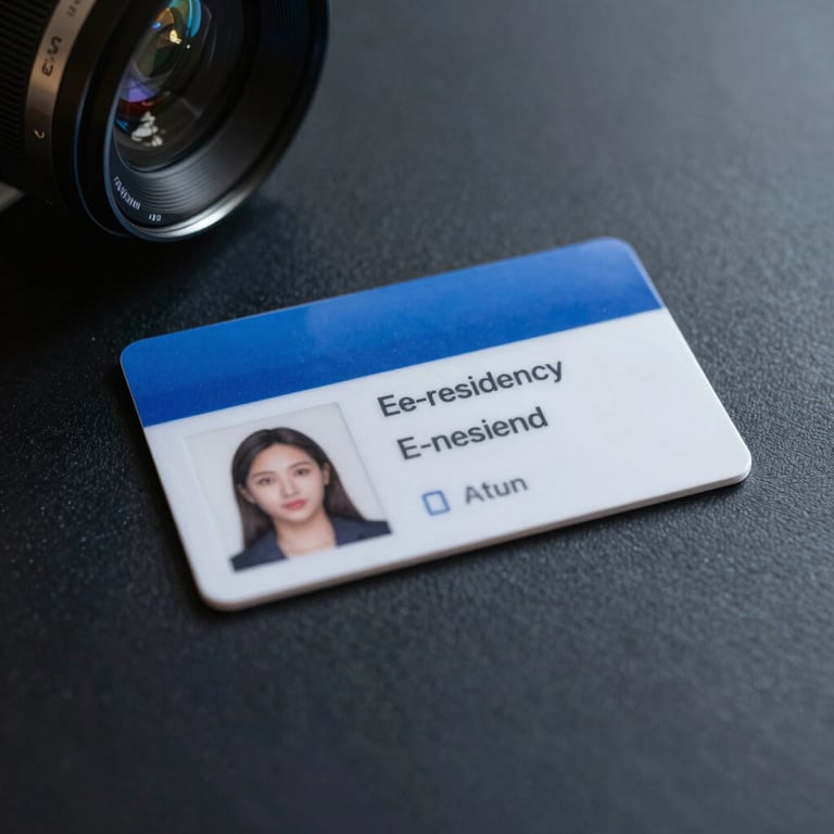 A sharp, professional photograph of an Estonian e-residency card sitting on a sleek, dark navy surface.