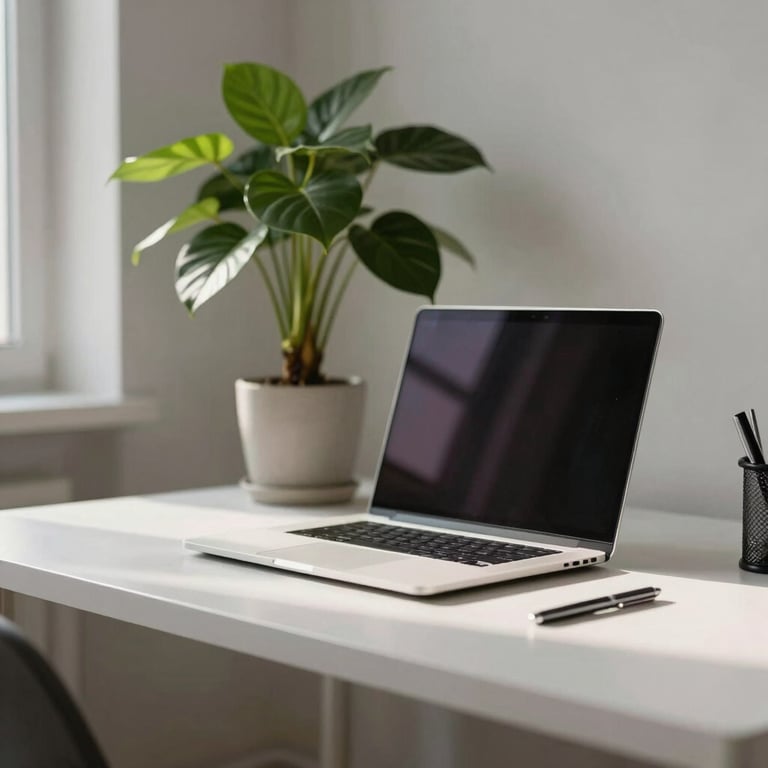 A minimalist home office desk in Estonia featuring a clean laptop and a green houseplant under soft morning light.