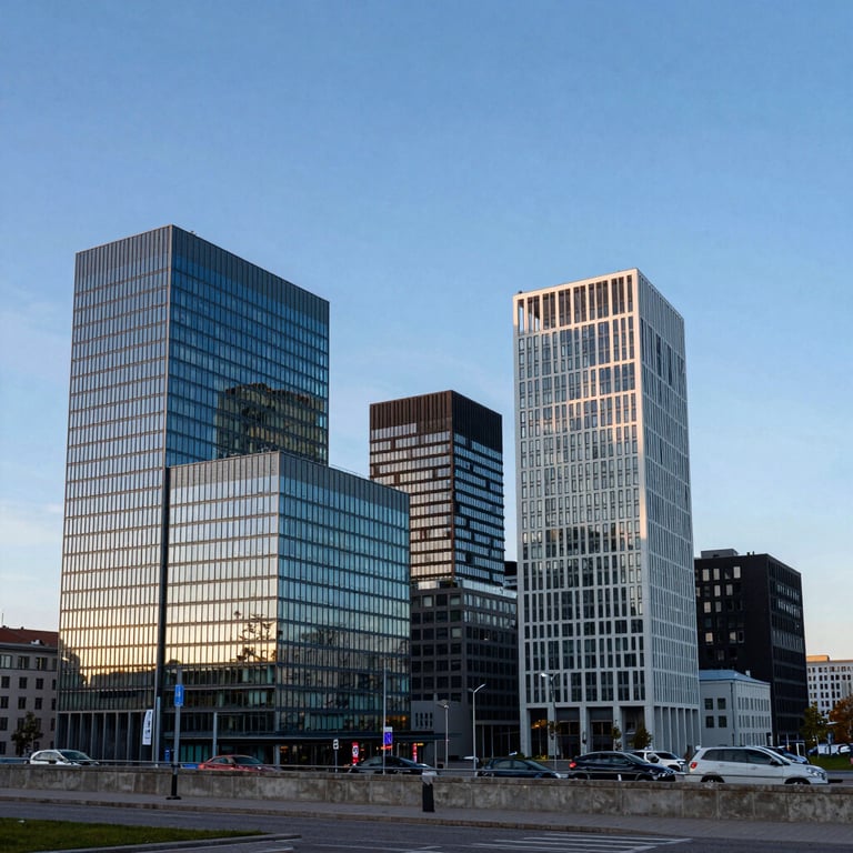 A wide shot of the modern Tallinn skyline with its glass-fronted tech buildings reflecting the blue sky.