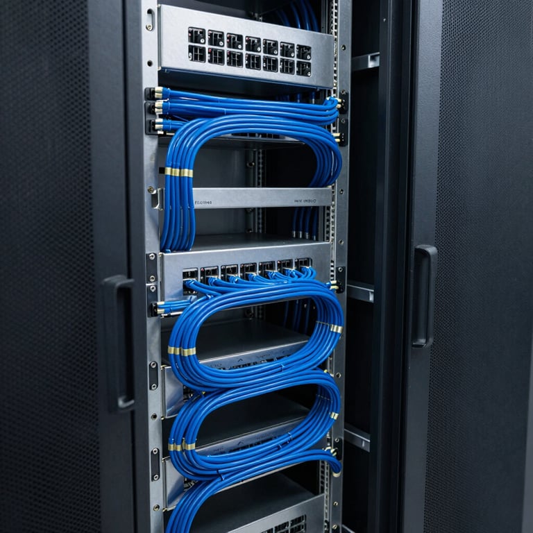 A high-tech server room with neat blue cabling, representing professional technical infrastructure.
