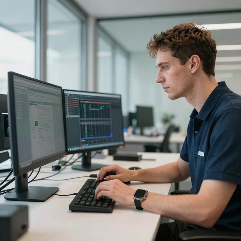A professional technician in a modern glass-walled office in Estonia, working on a clean dual-monitor setup, natural bright lighting, professional reliability and technical expertise theme.
