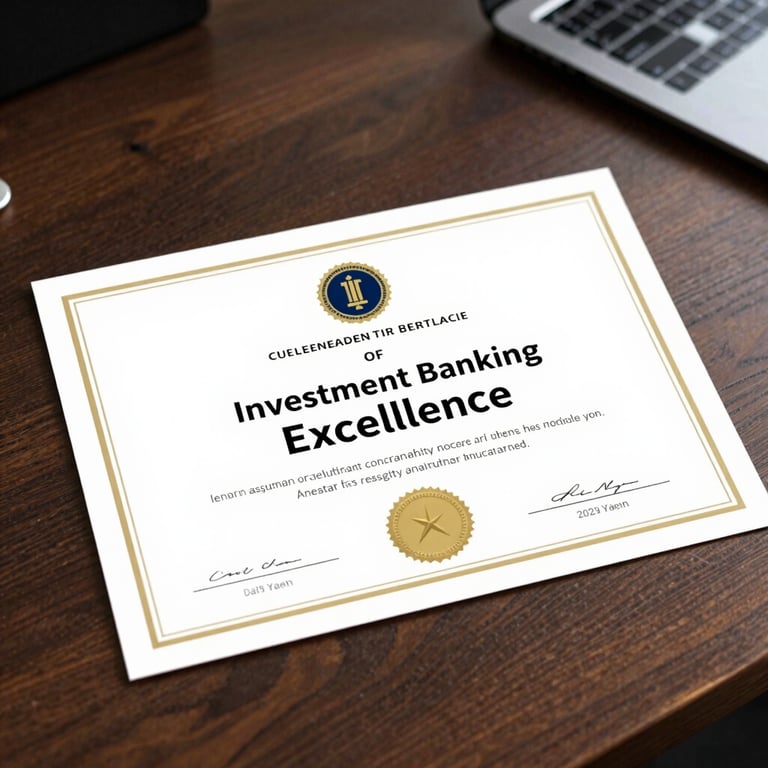 A high-quality certificate of Investment Banking excellence resting on a dark wood desk.