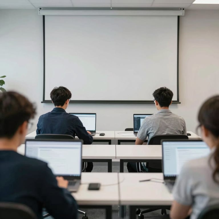 A minimalist, high-tech classroom in London where students use laptops to analyze mergers and acquisitions.