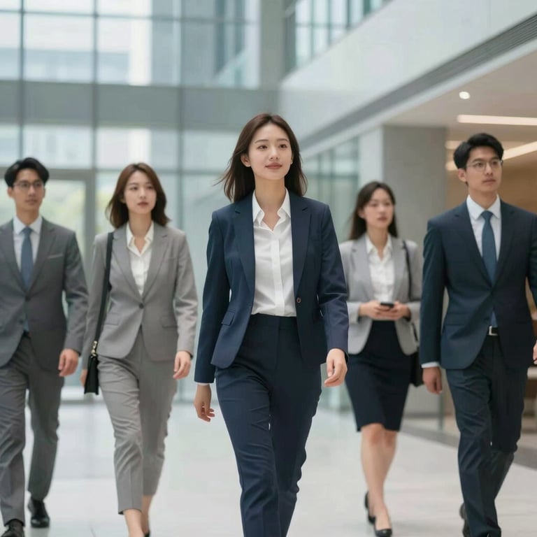 A group of ambitious young professionals in sharp business attire walking through a modern glass-and-steel lobby.