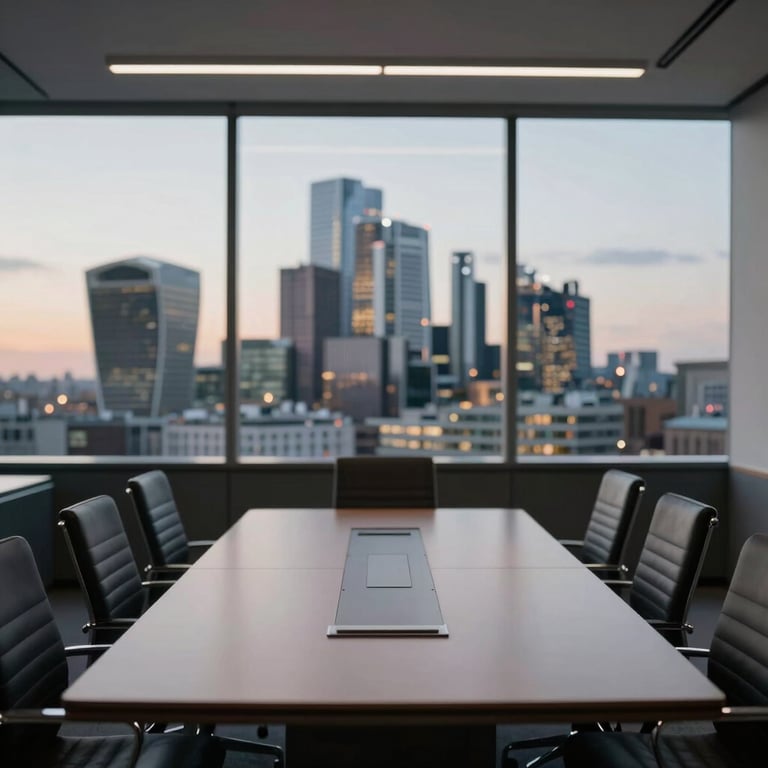A sleek meeting room overlooking the London skyline at dusk, with soft professional lighting.