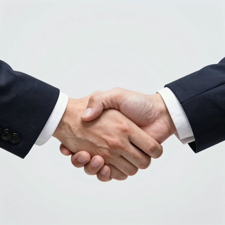 A clean, minimal shot of a professional handshake, conveying a successful job placement and career transformation.