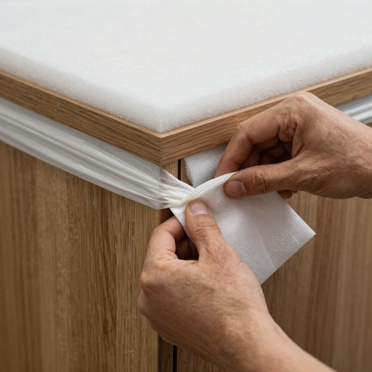 A close-up shot of professional hands double-wrapping the corners of a wooden cabinet with thick protective foam and industrial packing wrap.