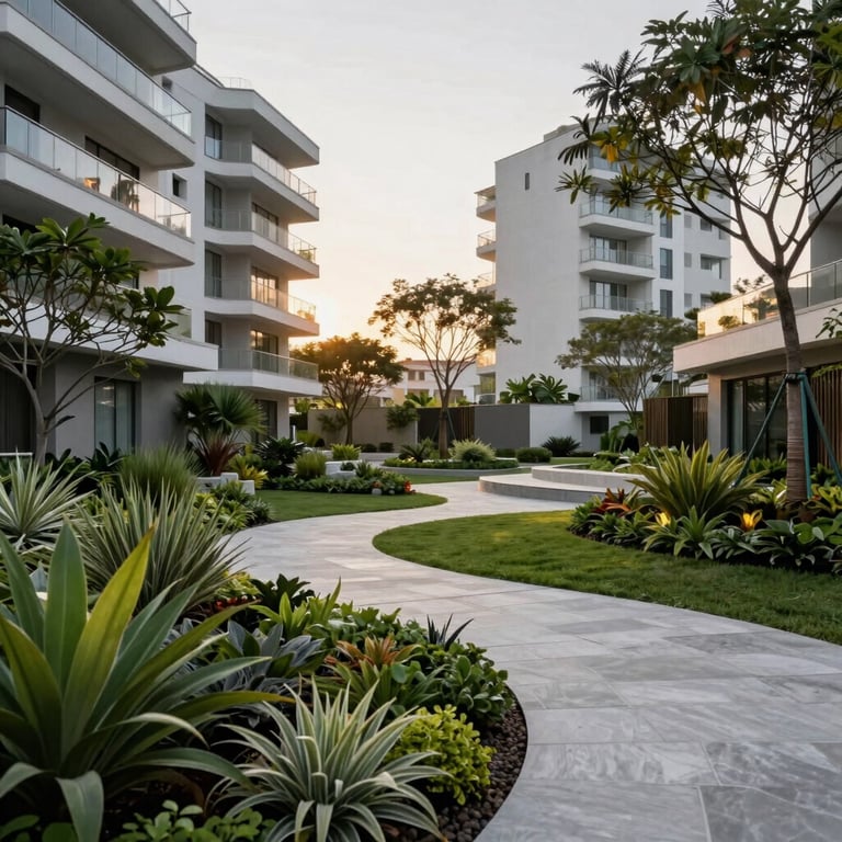 Sustainable landscaped garden area within a premium residential complex in Santa Catarina.