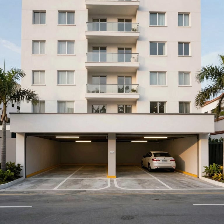 Secure and organized underground parking area of a luxury Brazilian condominium.