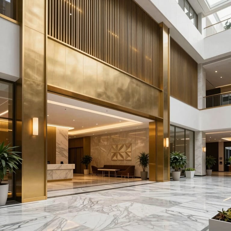 Modern and elegant building lobby with golden accents and marble floor, professional South American photography.