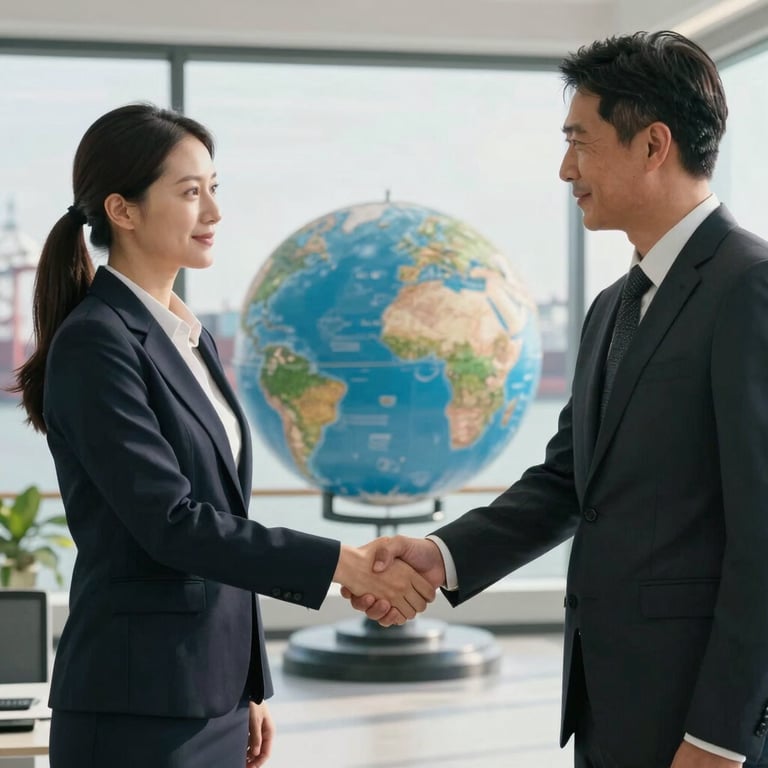 Photography of two agricultural professionals in corporate attire shaking hands in a bright, modern office overlooking a global shipping hub.