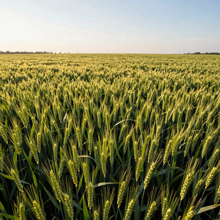 Vibrant photography of a lush, healthy green wheat field stretching to the horizon under a soft morning sun, showcasing agricultural success in a Global / International setting.