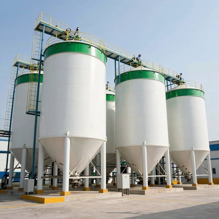 Wide-angle shot of a state-of-the-art fertilizer production facility with clean white silos and Forest Green accents, conveying industrial reliability.