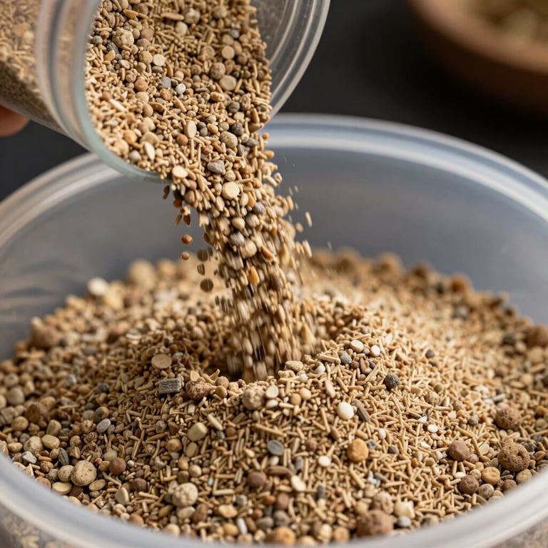 Close-up photography of premium granular fertilizer being poured into a sample container, sharp focus on the quality of the product.
