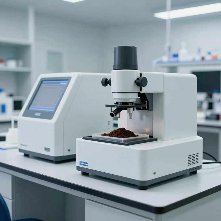 A scientific research lab with modern equipment for soil testing and fertilizer development, featuring clean Mist White surfaces and professional lighting.