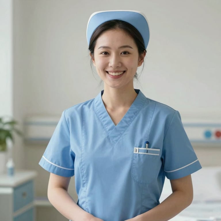 A professional UK nurse in a soft blue uniform smiling in a bright hospital setting.