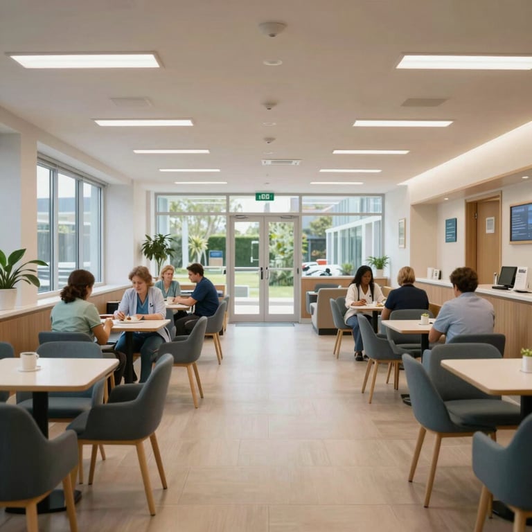 A wide shot of a modern, clean UK nursing home communal area with natural lighting.