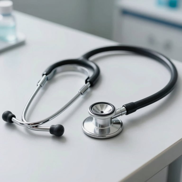 A pair of stethoscopes resting on a clean, modern medical desk in a UK clinic.