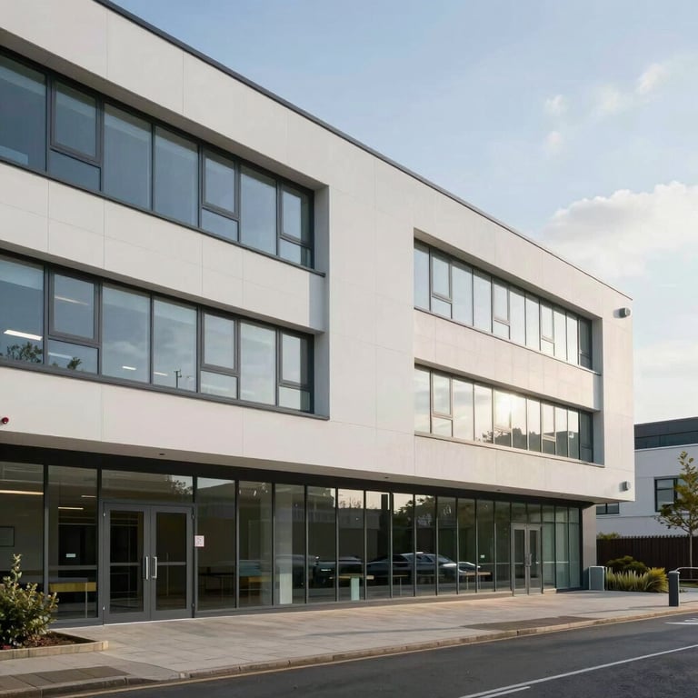 The clean, modern exterior of a contemporary UK mental health institution under soft daylight.