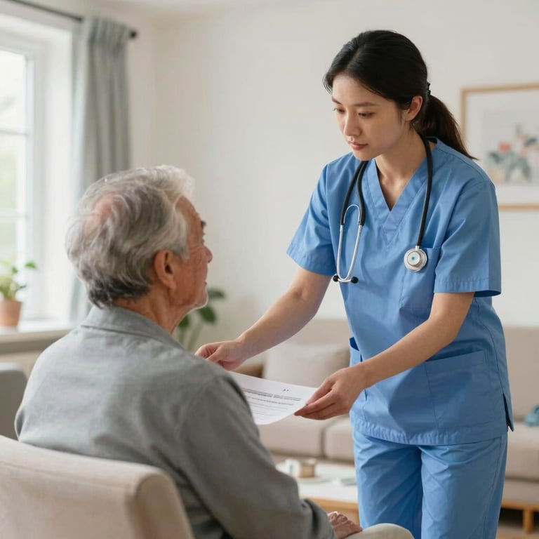 A healthcare assistant assisting a resident in a comfortable, bright UK care home setting.
