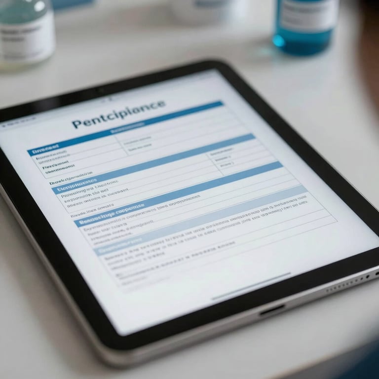 A close-up of a tablet showing medical compliance documents in a professional healthcare office.