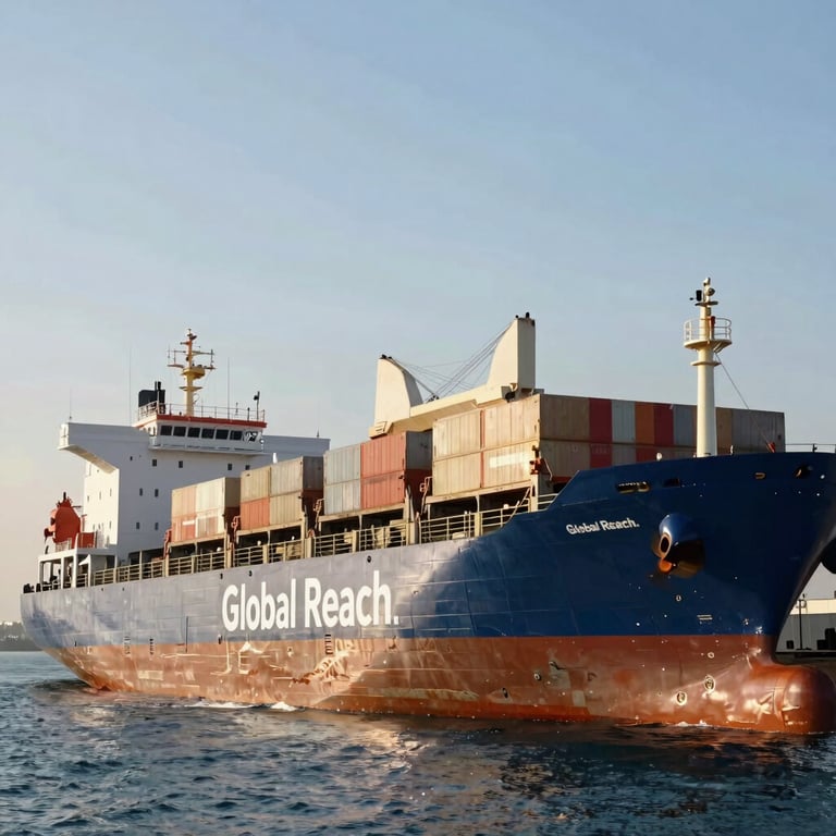 A large cargo ship being loaded at an Egyptian port under bright sunlight, representing Global Reach.