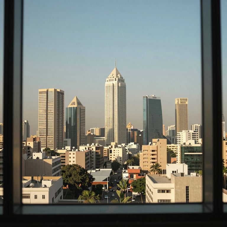 A wide shot of the Cairo skyline from a modern office window, emphasizing the company's roots.