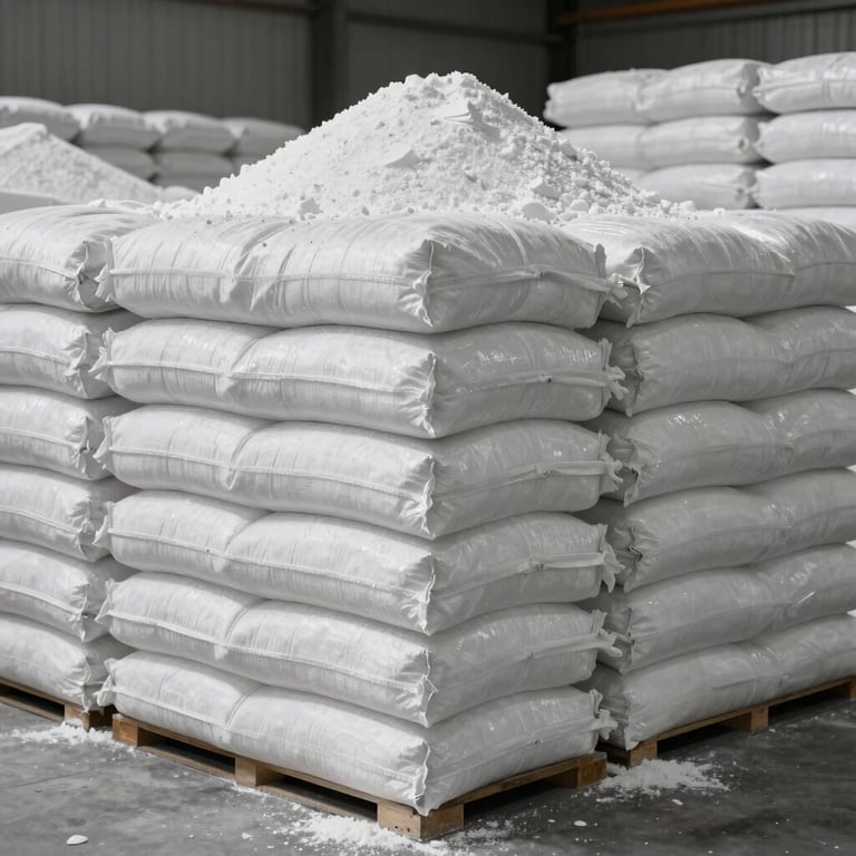 Stacked industrial sacks of Gypsum and Sodium Sulfate in a clean, organized warehouse environment.