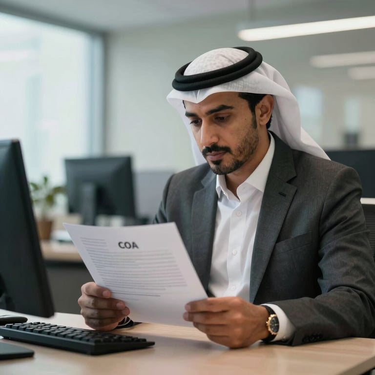 A focused professional in a modern Middle Eastern / Egyptian with Global Reach office reviewing a COA document.