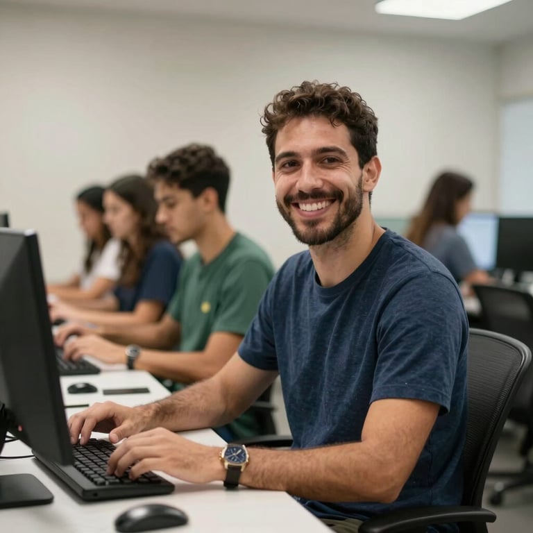 Equipe de tele-atendimento sorridente trabalhando em um ambiente organizado e produtivo no Brasil.