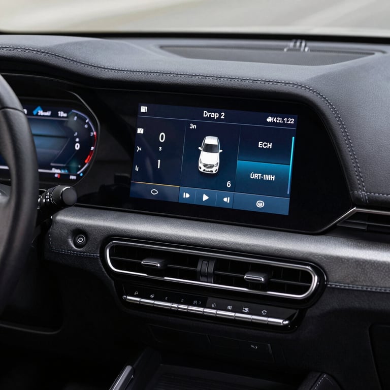Detalhe artístico de um volante de couro e painel digital de um veículo de última geração.