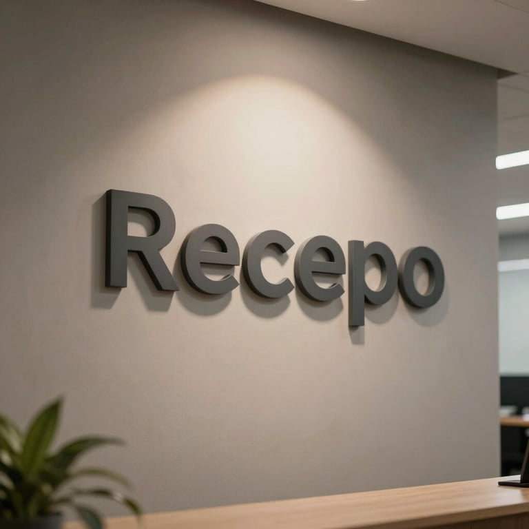 Recepção elegante de uma empresa de tecnologia automotiva com logotipo em relevo e cores sóbrias.