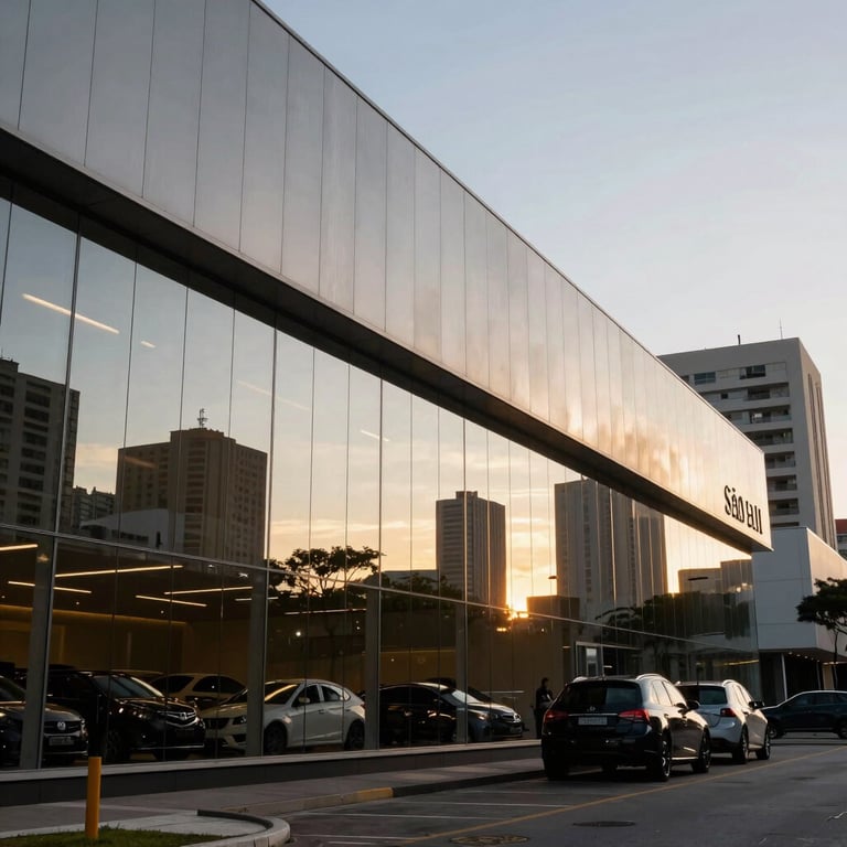 Fachada espelhada de uma concessionária de luxo em São Paulo durante o entardecer.