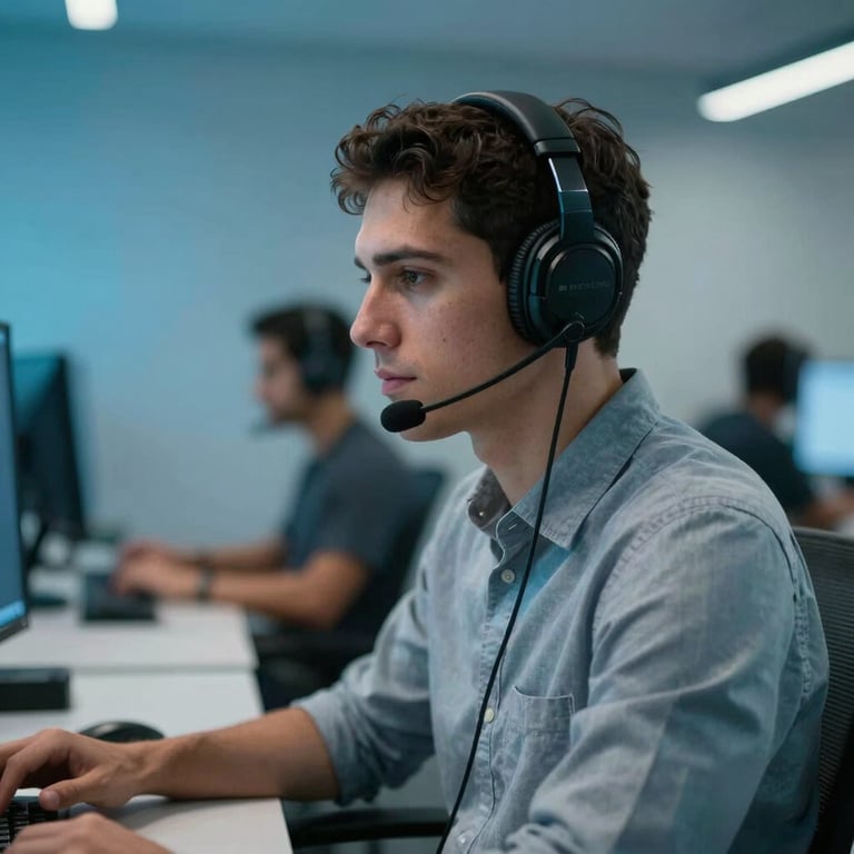 Profissional sul-americano usando headset em um escritório moderno com iluminação azul marinho suave.