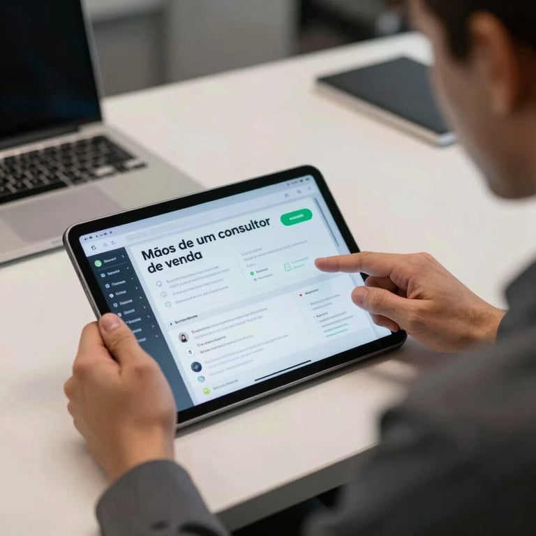Mãos de um consultor de vendas operando um tablet com interface moderna em um ambiente corporativo.