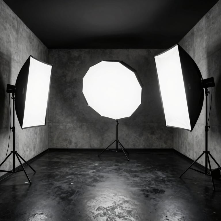 A sleek modern photography studio interior with large softboxes, black concrete floors, minimalist concrete walls, high-contrast professional lighting setup, clean lines