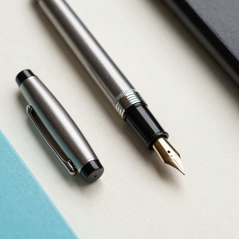 Macro shot of high-end stationery and a fountain pen on an off-white azure surface, clean and elegant.