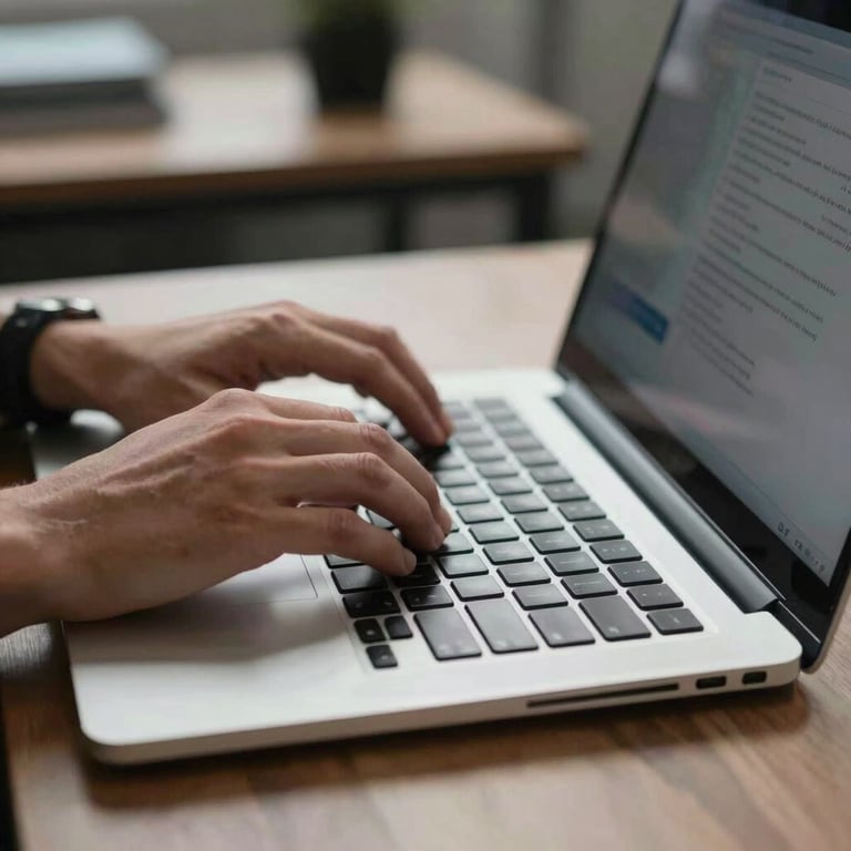 Close-up of a person's hands typing on a premium metal laptop in a Global / International design studio.