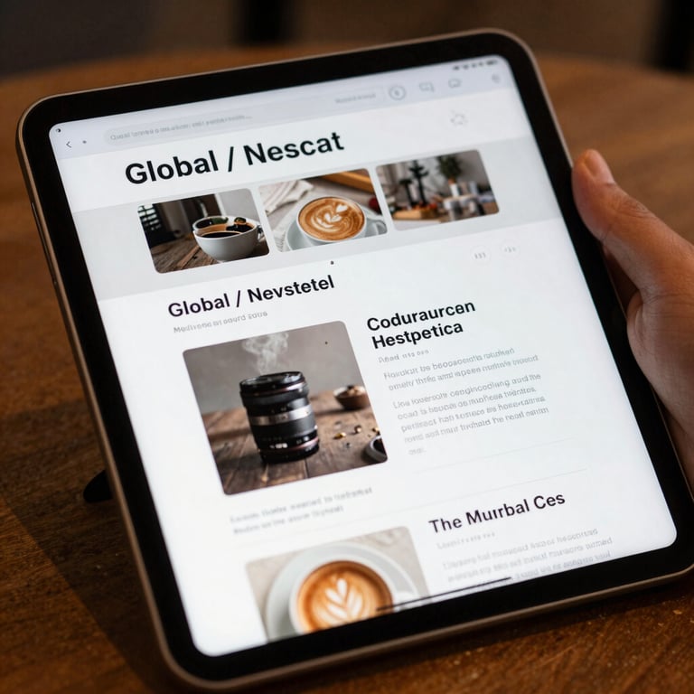 Close-up of a high-quality tablet screen showing a clean newsletter layout in a Global / International cafe, soft silver grey tones.