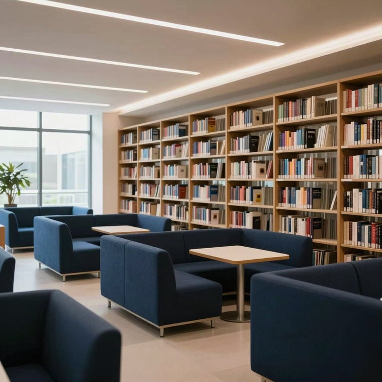 A modern, bright Global / International library interior with deep charcoal blue furniture and soft natural light.
