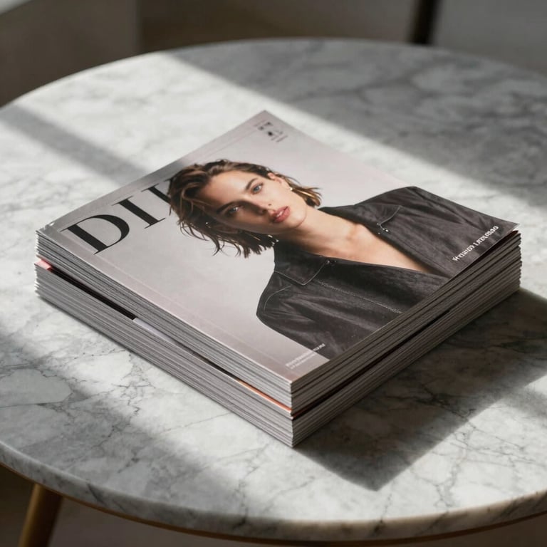 A stack of elegantly designed magazines on a slate grey marble table, morning sunlight casting soft shadows.