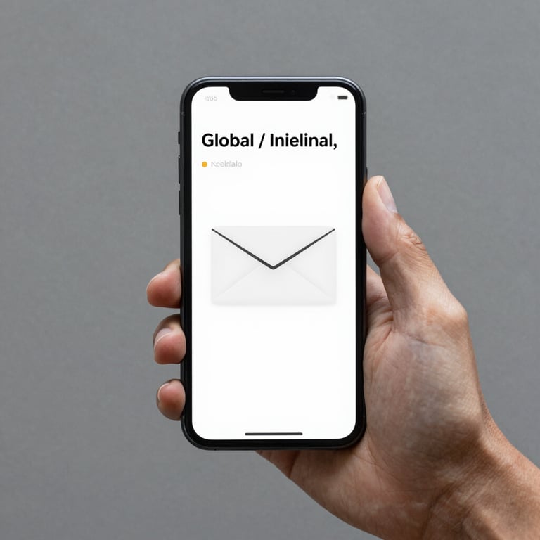 A hand holding a smartphone with a minimalist email interface, slate grey lighting, Global / International setting.