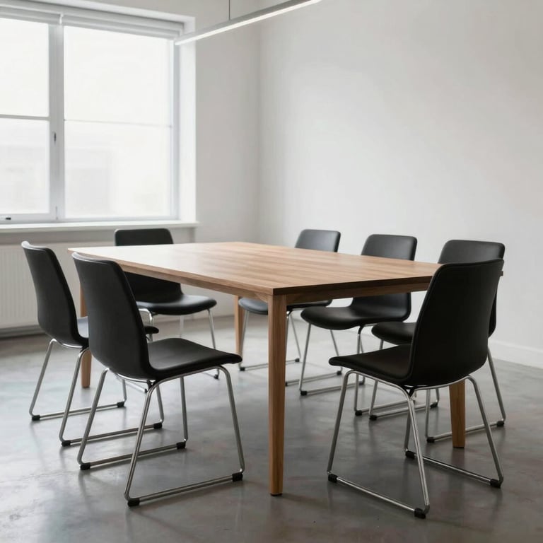 A minimalist meeting space with designer chairs and a wooden table in a bright, airy office environment.