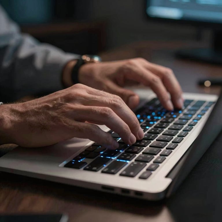 A professional's hands typing on a high-end backlit keyboard in a dimly lit, sophisticated office, Global / International.