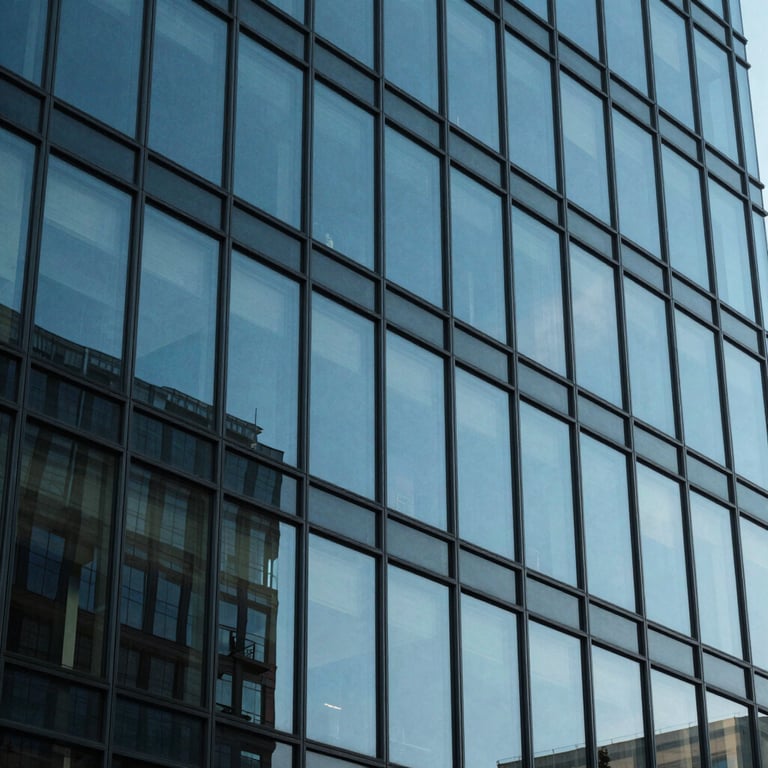 Abstract architectural shot of a modern glass building reflecting a clear blue sky, professional and corporate.