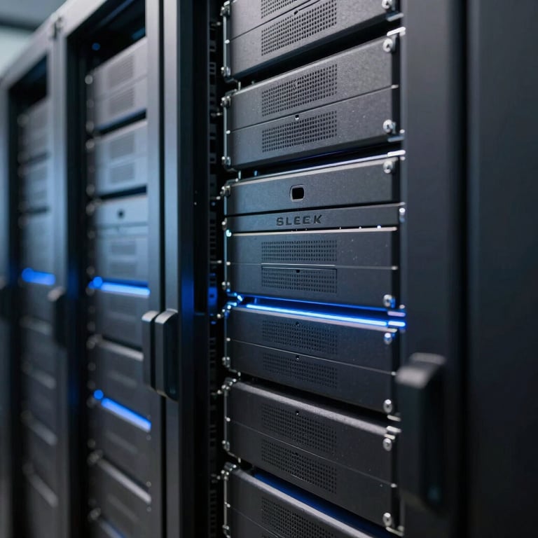 Sleek server room with blue LED lighting and organized dark gray racks, shallow depth of field, modern technology aesthetic.